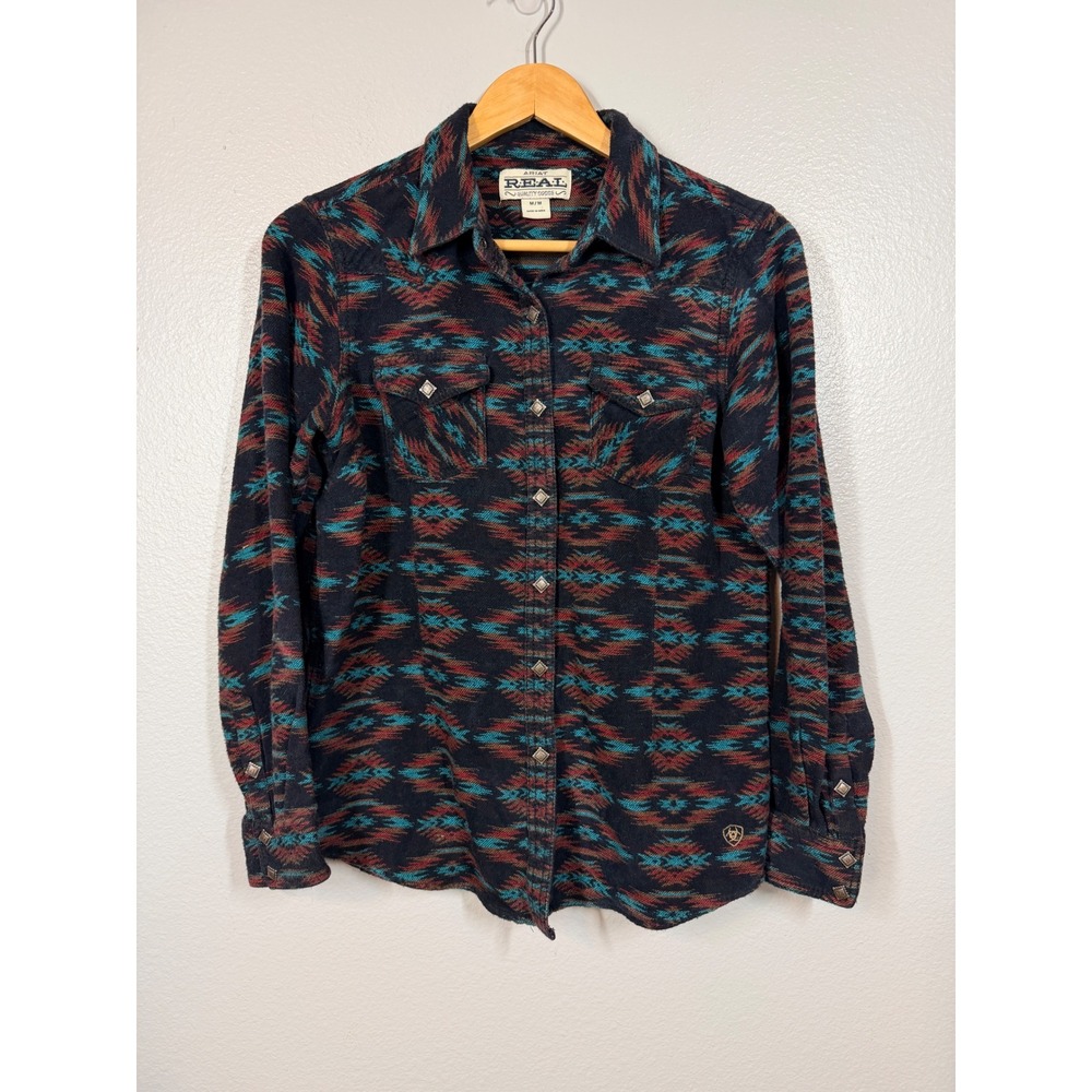 Ariat Shirt Women Medium Multicolor‎ ReAL Southwestern Aztec Snap Front Flannel